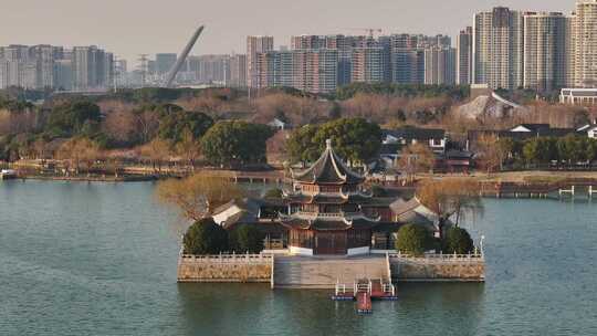 京杭运河苏州石湖景区湖中美景（航拍素材）