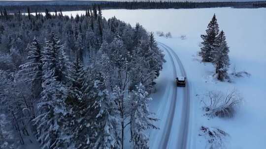 雪林中小路一辆汽车行驶而过