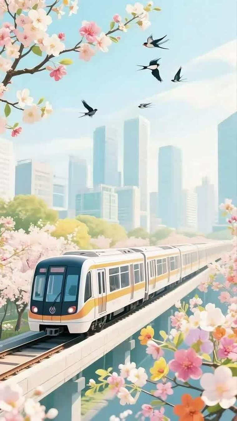 樱花地铁穿梭城市景观