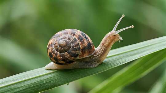 蜗牛绿叶爬行雨后慢生活生态特写视频