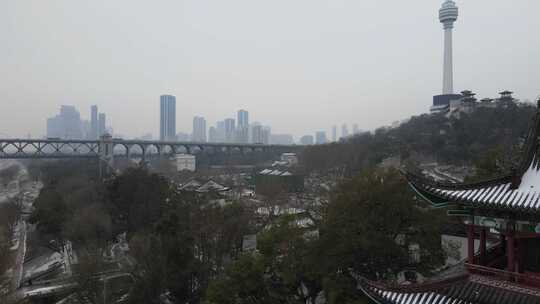 武汉汉阳区晴川阁雪景航拍