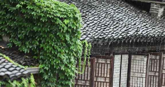 （慢镜）中国千年古镇乌镇下雨天屋檐滴水