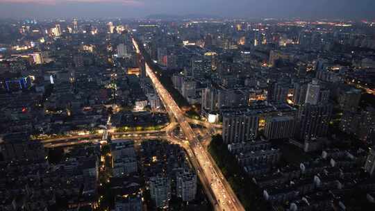 杭州城市夜幕降临交通航拍