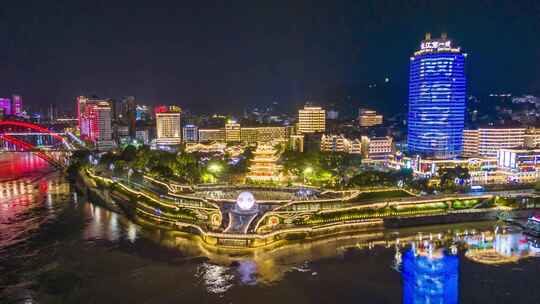 四川宜宾和江楼夜景航拍环绕延时