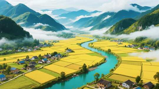 田园山谷间的村庄与农田