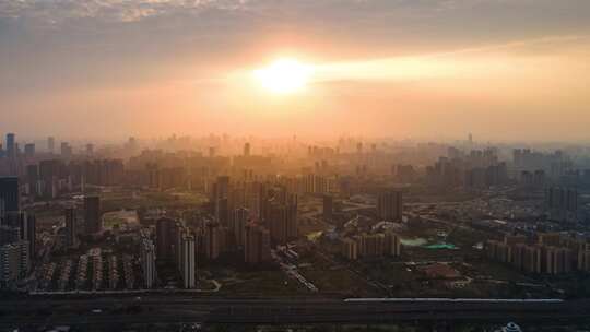 航拍成都城市全景夕阳晚霞