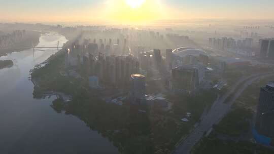 4K航拍沈阳城市夕阳落日风光