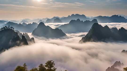 山峦云海日出美景