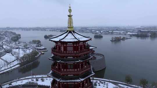 航拍洛阳朱樱塔雪景