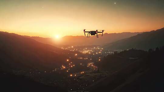 日落时分无人机飞越山谷城市
