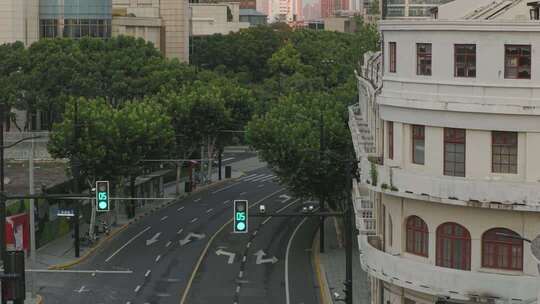 上海街道 清晨航拍