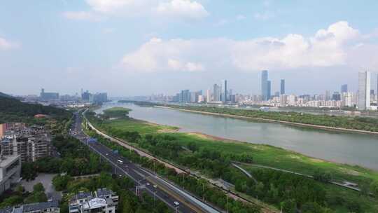 航拍长沙橘子洲头湘江两岸江景城市天际线