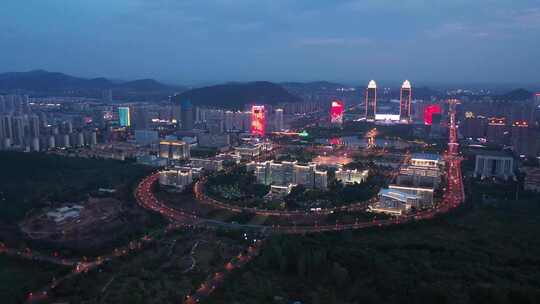 航拍枣庄新城市政广场驻地夜景