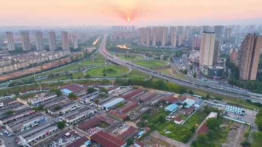 江西南昌长堎互通立交桥车辆交通航拍夕阳晚