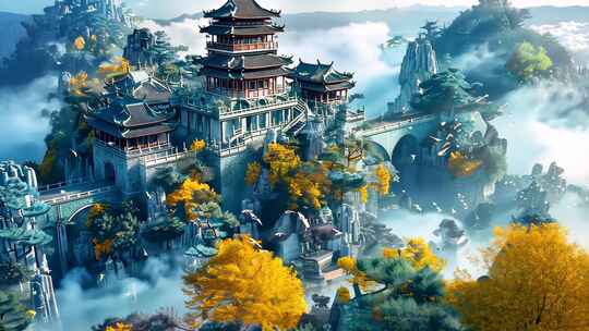 国风建筑亭台楼阁宫殿城池舞台大屏背景片头