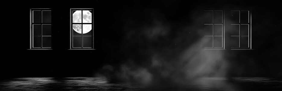 室内透过窗户看满月烟雾场景