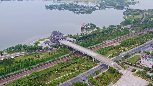 绍兴迪荡湖公园亭台楼阁全景,城市交通