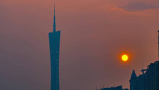 8K广州塔特写日出太阳从塔边升起延时