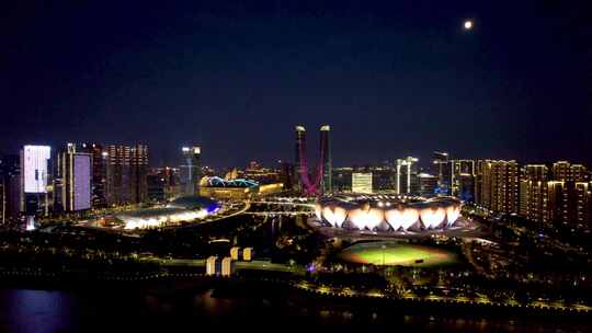 城市CBD夜景杭州奥体中心夜景灯光