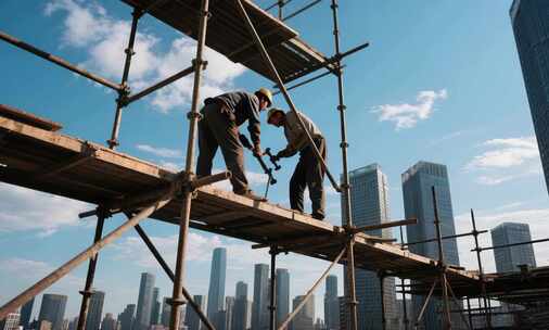 工人建筑工地搭建脚手架