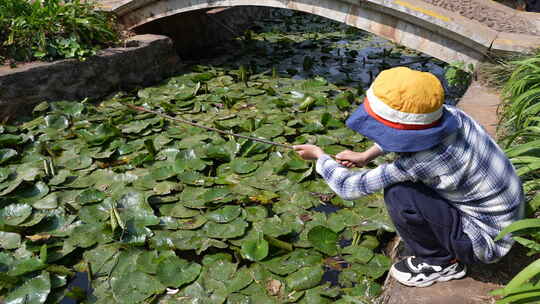 小孩池塘边持竿钓龙虾
