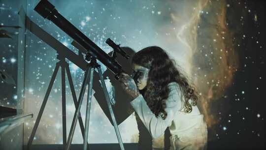 小女孩用天文望远镜看窗外视频素材模板下载