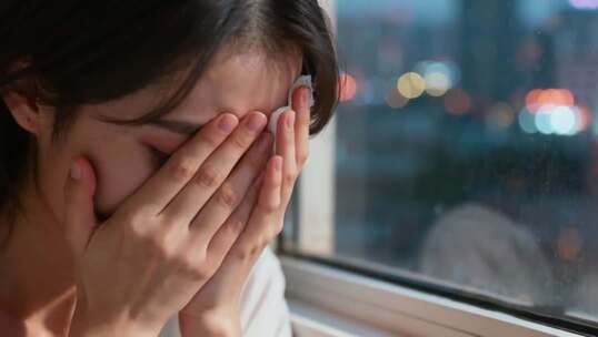 窗边女子掩面情绪低落