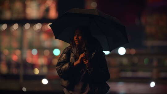 一个拿着雨伞的女人站在被充满活力的城市景