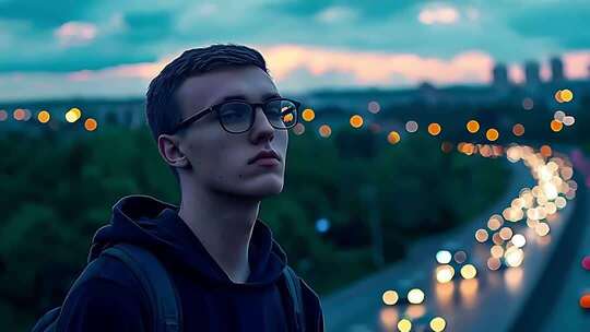 男子傍晚街道旁眺望远方