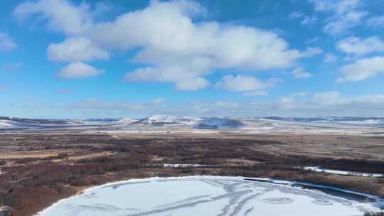 延时航拍冰雪覆盖的湿地