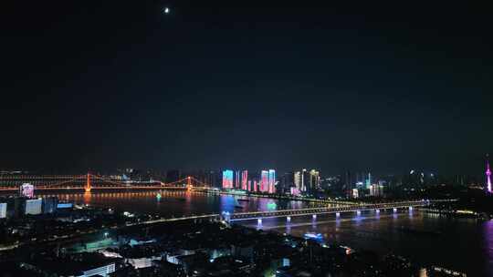 武汉夜景航拍长江大桥夜景延时城市建筑风光