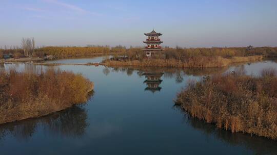 深秋酒泉天马湖景区古塔楼视频素材模板下载