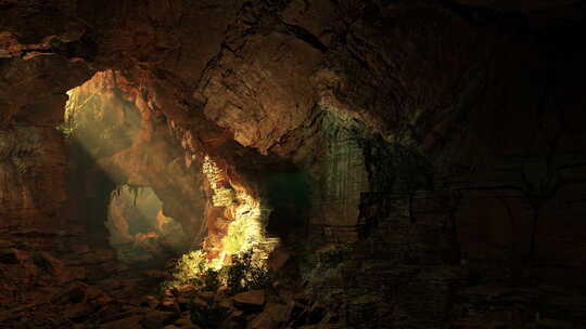 一个充满了许多岩石和明亮光线的洞穴视频素材模板下载