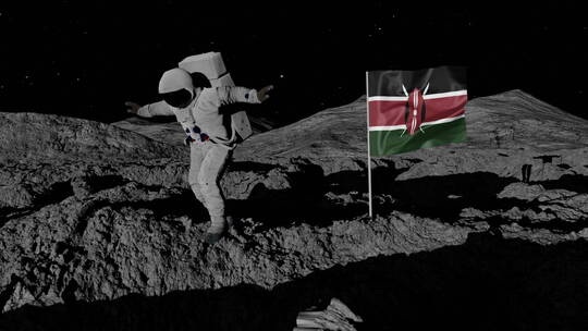 宇航员在月球上插肯尼亚国旗视频素材模板下载