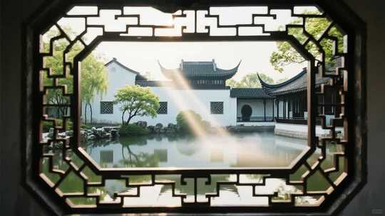 中式园林透过窗格的景观