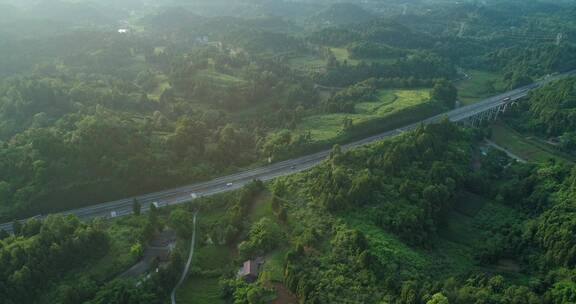 航拍四川遂宁高速公路贯穿丘陵乡村