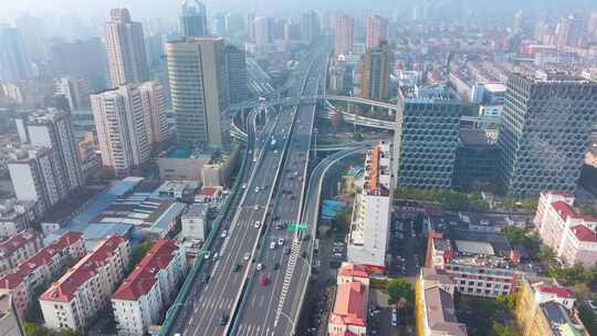 上海杨浦区邯郸路航拍车流马路道路大柏树立