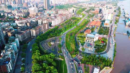 航拍湖北荆州荆江大堤，荆州沙市洋码头风景