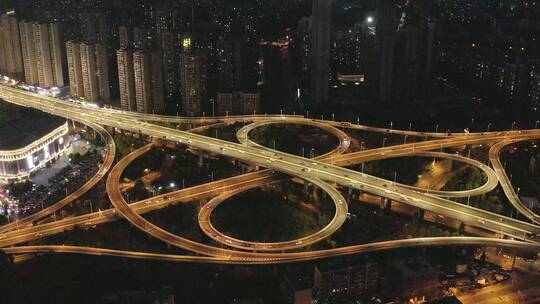 4k航拍武汉城市立交通枢纽车流夜景