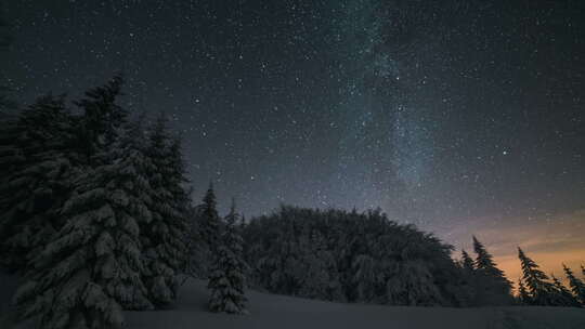 圣诞节冬夜景观与星星天空移动在雪树