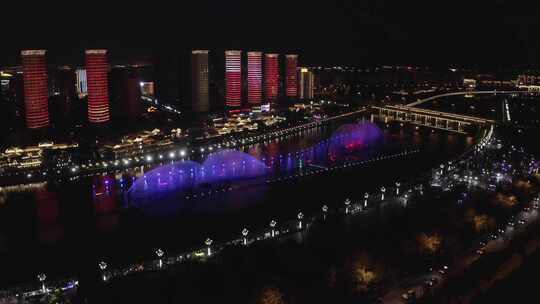 航拍内蒙古呼和浩特东河音乐喷泉夜景