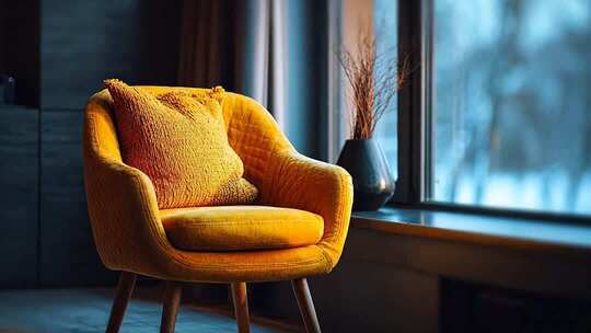 室内黄色单人沙发带抱枕