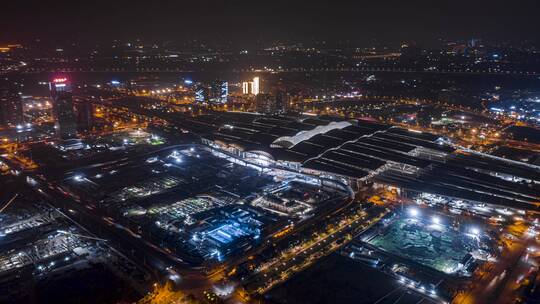 广州_广州南站_全景环绕夜景延时航拍4K