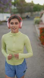 一名妇女在城市环境中戴着耳机跑步，拥抱健