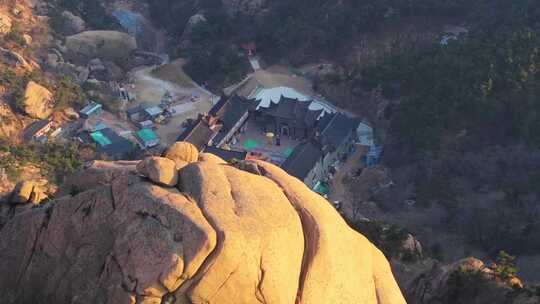 航拍山东荣成槎山风景区槎山禅寺