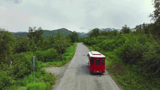红色手推车在阿拉斯加茂盛植被环绕的道路上行驶-跟踪
