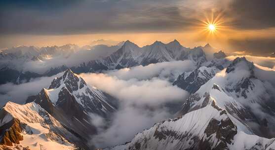 雪山云雾阳光山峰云海日出自然生态环境风景