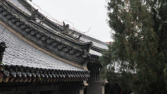 秋季下雨中岱庙古迹古建筑屋檐滴水雨中景色