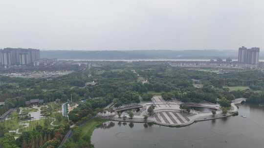 航拍四川眉山东坡城市湿地公园