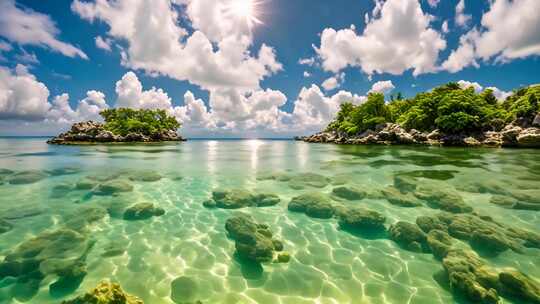 海岛清澈水域与蓝天白云风景